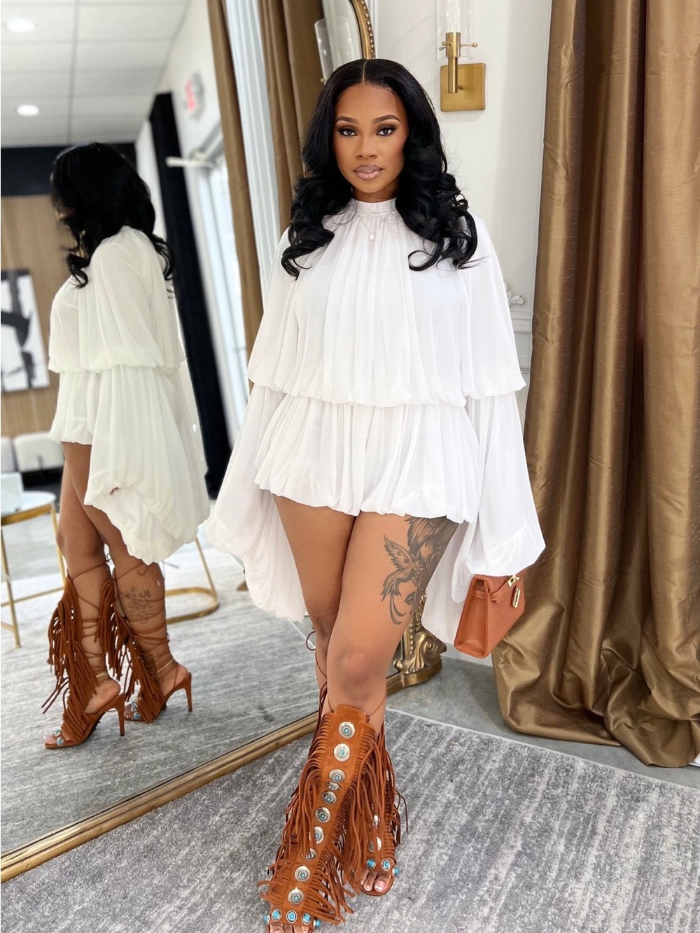 2PCs Pleated Balloon Shorts Set with Dramatic Sleeves